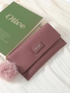 Cartera Larga Elegante y Minimalista para Mujer, Monedero Lindo y Versátil con Dije de Pompones, Porta Tarjetas de Moda para Uso Diario