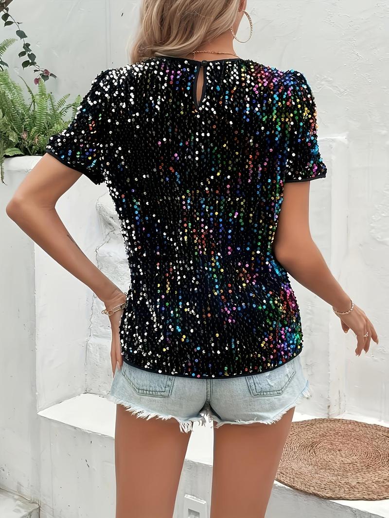 Product Introduction of Women's Random Sequins Round Neck Tee, Fashion Casual Crew Neck Short Sleeve T-shirt for Daily Holiday Vacation Outdoor Wear, Ladies Clothes for Summer 2
