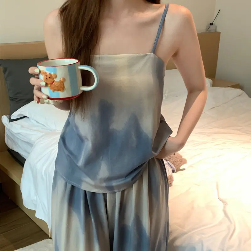 Bộ Đồ Ngủ Dây Đeo Có Đệm Phong Cách Trung Quốc Cho Nữ, Bộ Sưu Tập Mùa Hè, Quần Dài Mực Cao Cấp, Thích Hợp Mặc Nhà, Hàng Mới Về Năm 2024 Cạp Cao Áo 1