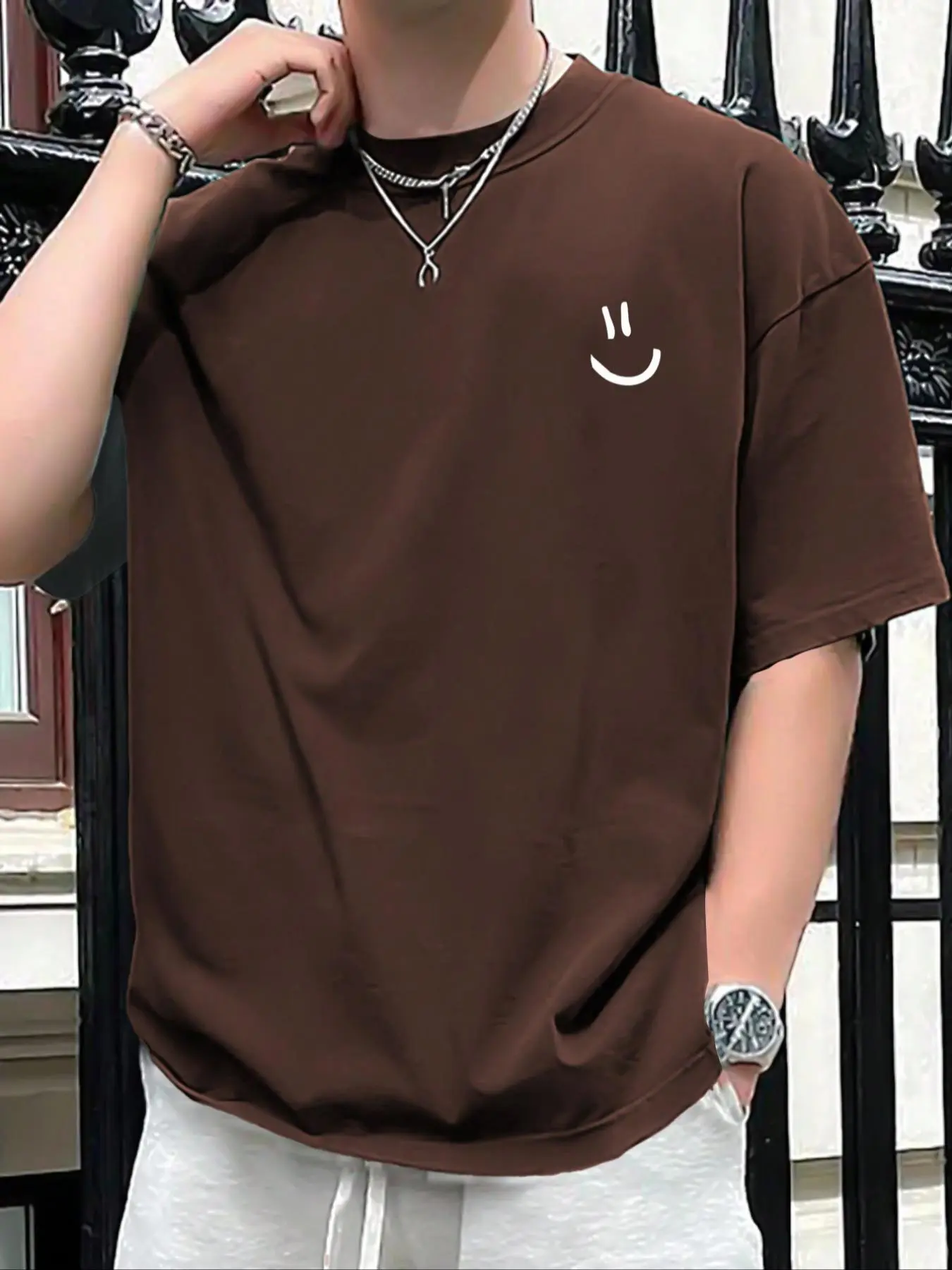Men's Cartoon Face Print Drop Shoulder Tee, Summer Clothes Regular Fit Casual Soft Comfy Half Sleeve Round Neck T-Shirt for Summer, Fashion Men's Top for Daily Wear