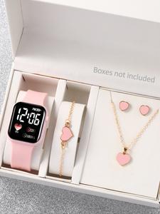 Reloj digital de moda con correa y pulsera, pendientes en forma de corazón, regalo perfecto para niños, Navidad y regreso a clases, no es un reloj inteligente