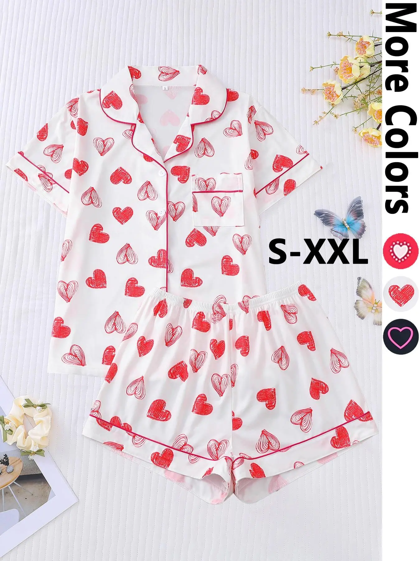 Two-Piece Set Women's Heart Print Pajama, Casual Comfy Short Sleeve Button Up Top & Elastic Waist Shorts PJ Set, Ladies Summer Sleepwear
