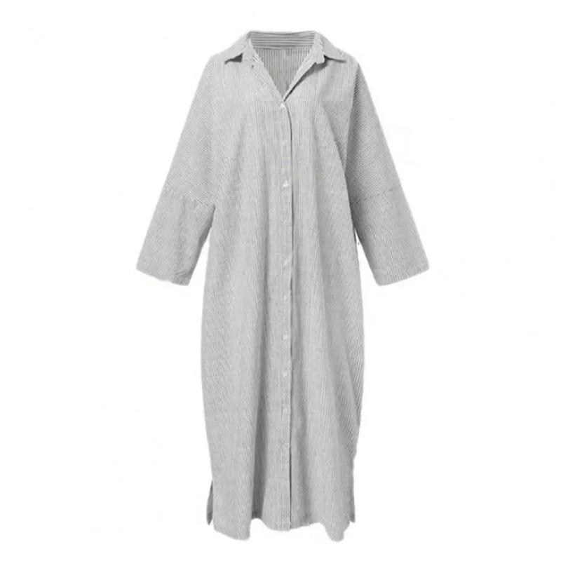 Product Introduction of New Elegant Striped Cardigan Loose Dress Womens Lapel Long Sleeve Long Shirt Dress Ladies Stripe Print Button Up Cardigan Dress 13