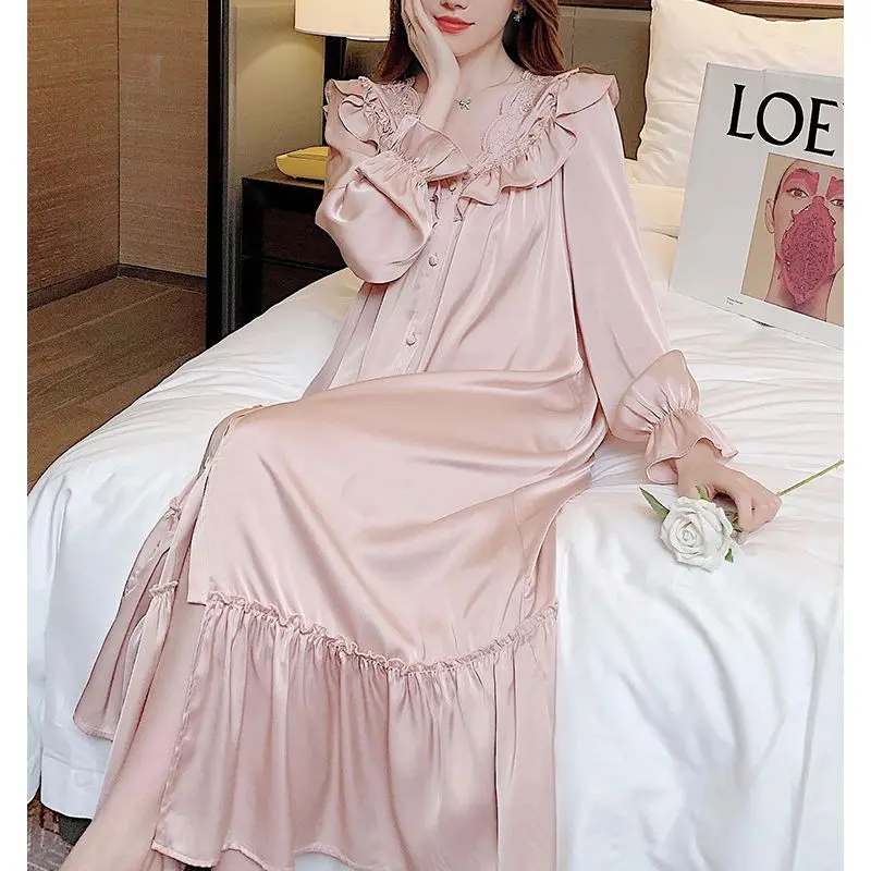 Bộ Đồ Ngủ Lụa Lạnh Ren Pháp, Dễ Thương Và Gợi Cảm, Dài Tay, Phong Cách Công Chúa Cổ Điển Bộ Đồ Hai Mảnh Lụa Lạnh Phong Cách người nổi tiếng Trên Internet, Đồ Mặc Nhà Nữ Women Áo Quần Ngủ Voan