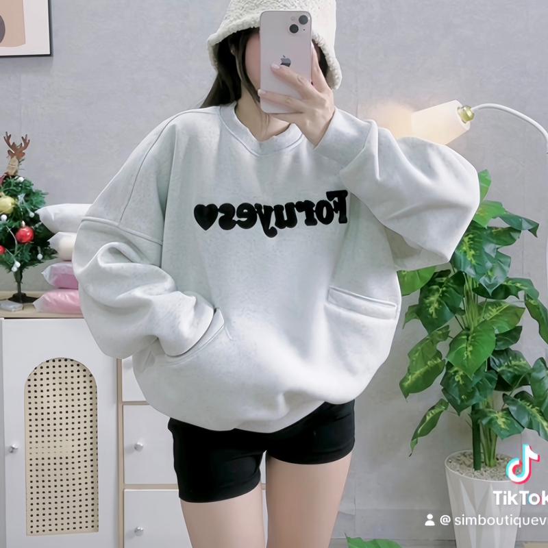 FREESHIP Áo sweater nỉ bông cổ tròn thêu chữ nhung phối túi nhiều size có bo chun form boxy rộng thoải mái Nữ Women Top Hoodie có thể giặt máy áo hoodie vàng áo hoodie & áo len xinh đỏ pocket Lịch