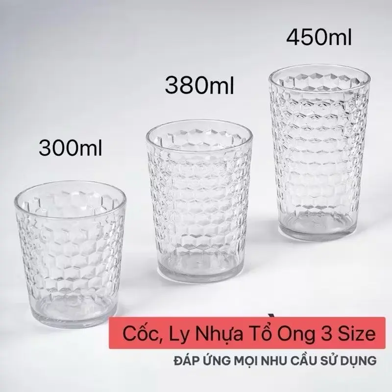 combo 10 cốc nhựa meka trong suốt,cốc uống nước sinh tố cà phê có vân hình tổ ong có 3 size 300ml 380ml và 450ml