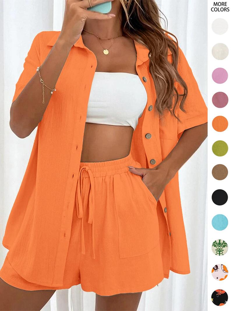 Product Introduction of Solid Co-ords for Women, Casual Short Sleeve Button Front Shirt & Tie Front Pocket Shorts Summer Two Piece Set, Boomtown Outfits, Holiday Outfits, Co-ord Set Outfits, Women's Clothing Co Ord Sets, Summer Outfits 2024, Tall Clothing Women 9