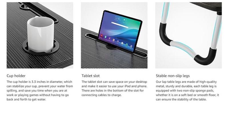 Product Introduction of Laptop bed desk tray holder with cup holder/drawer, used for bed/sofa/sofa/study/reading/writing on low living room floor, large portable foldable lap table bed holder, used for dining and laptop 2