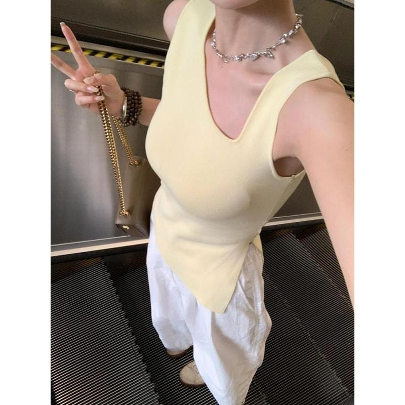 blouse for women ，2024 Summer New, Hot Girl Style, Women's Clothing, T-shirt, Short Sleeve, Vest, Slit, Irregular, Sling, Cost-Effective Fashion All-Matching，knitted Tops for women Basic Minimalist Womenswear Lingerie Lady Comfort Casual 2