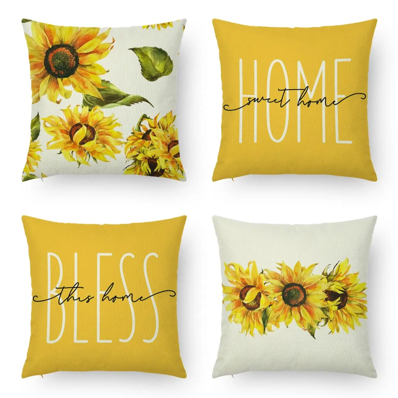 Sunflower & Letter Pattern Pillow Case, 4 Counts/set Square Pillow Cover without Filler, Decorative Cushion Cover for Home Sofa Bed Car, Home Decor, Cozy Bedroom Accessories