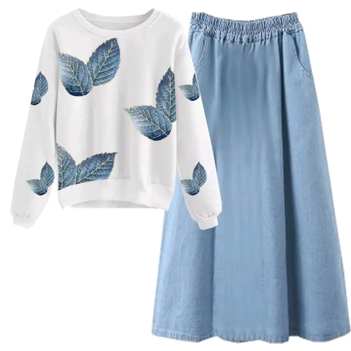 SETELAN ANAK REMAJA PEREMPUAN BLUE LEAF max ROK DENIM Lengan panjang Fashion