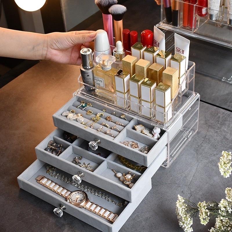 Hộp Mika khay Nhung HỘP MIKA 3 NGĂN KÉO BỌC NHUNG - KHAY ĐỰNG ĐỒ TRANG SỨC KÈM KHAY SON MĨ PHẨM TIỆN DỤNG