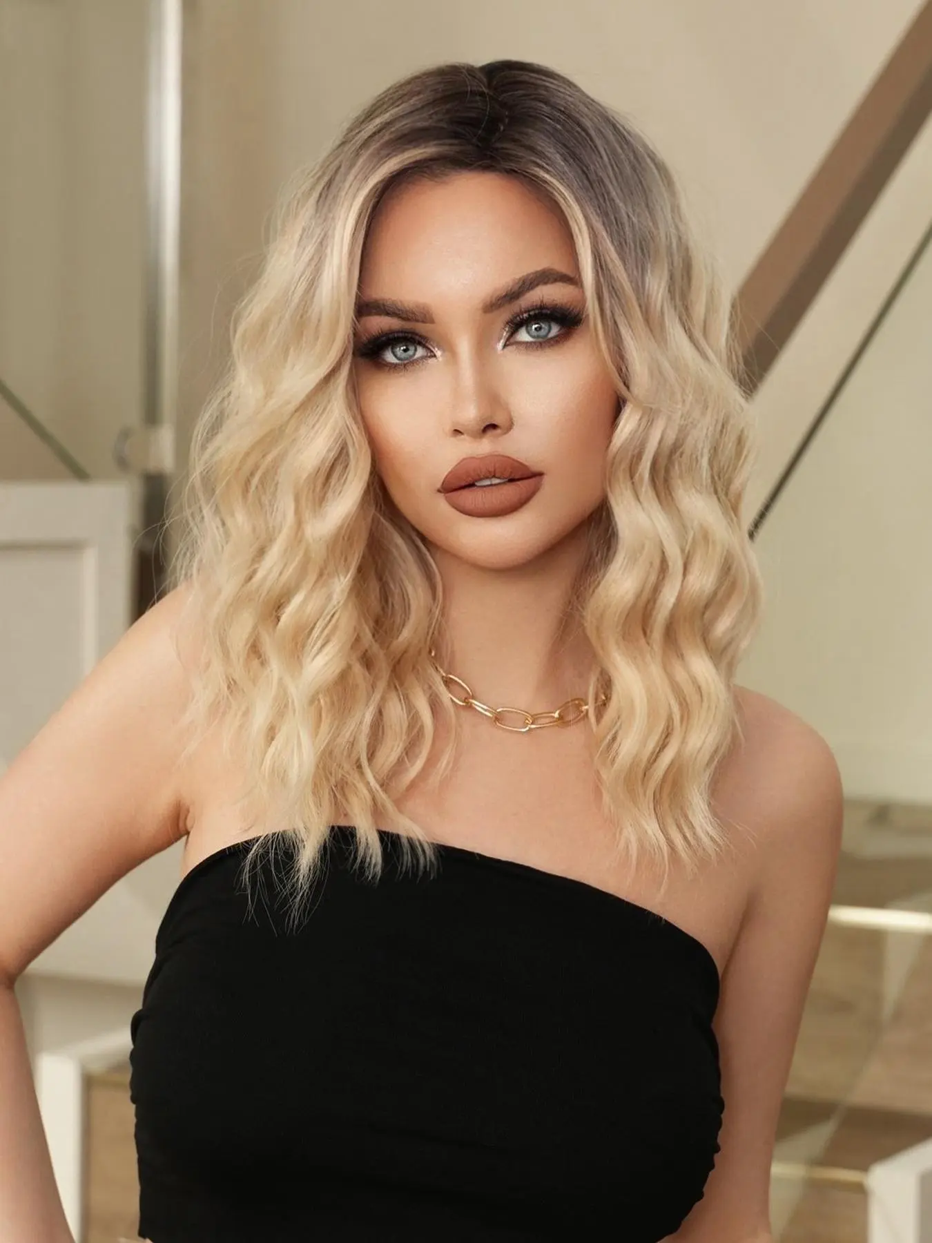 18 Inch Bob Short Curly Rooted & Blonde Wigs for Women, Gorgeous Fluffy Wigs without Bangs, Synthetic Full Machine Wigs for Party, Daily Use, Valentine's Day Gift
