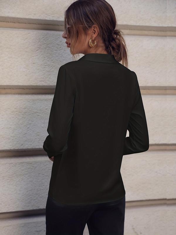 Women's Faux Pearl & Buckle Decor Long Sleeve Collar V Neck Blouse, Elegant Solid Blouses for Work Office Business, Spring & Fall Clothes 4