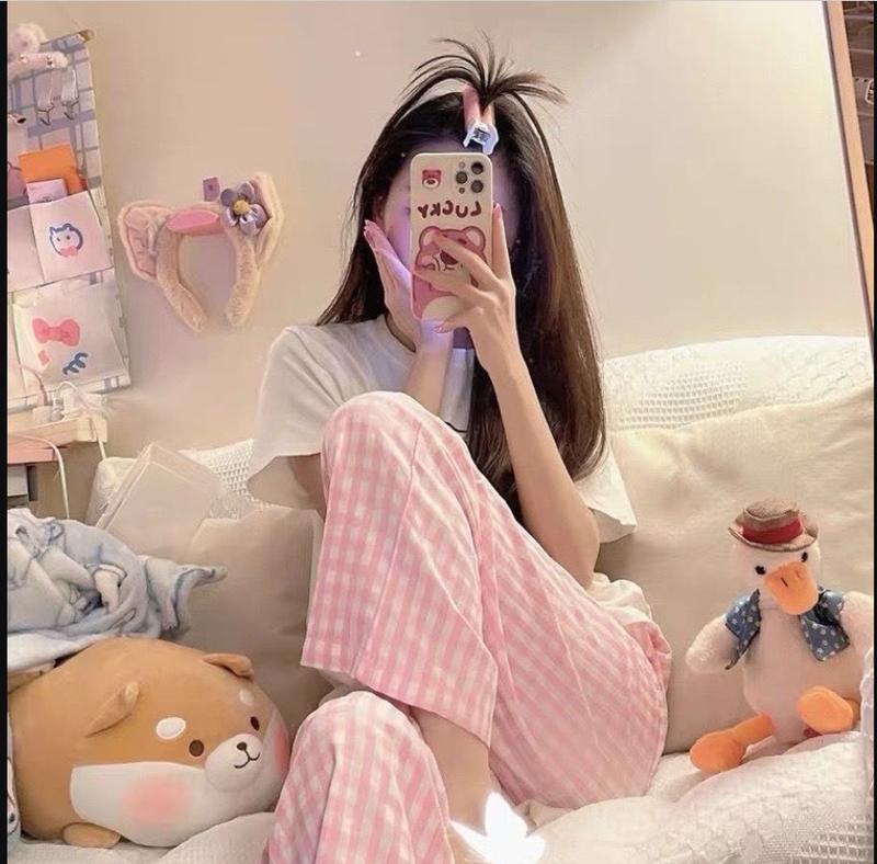 Quần dài Nữ ống rộng họa tiết caro hồng xinh xắn nhiều màu dễ thương phong cách hàn quốc Women Thun