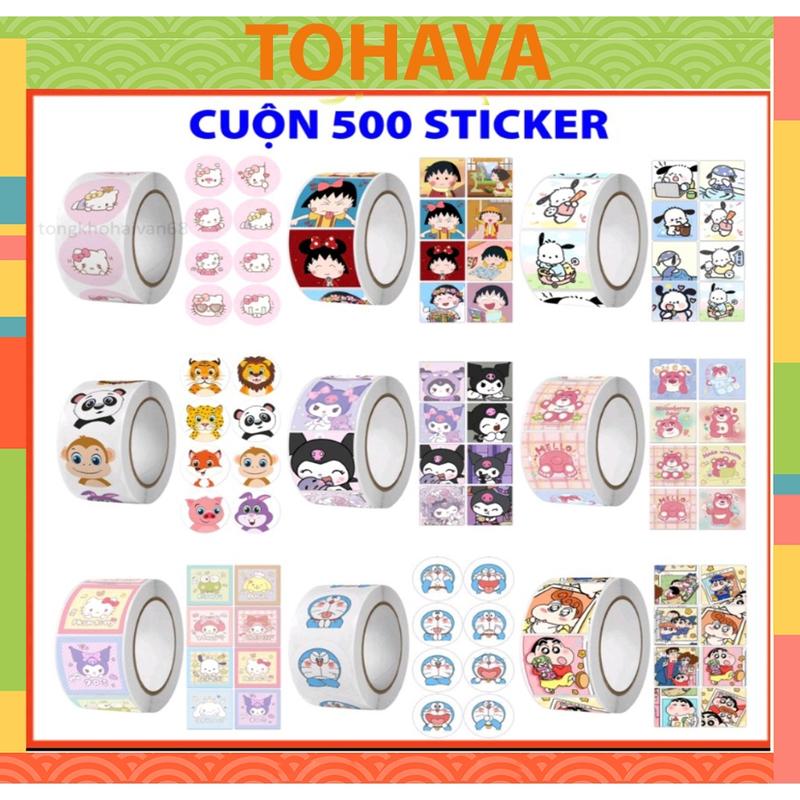 Cuộn 500 sticker khen thưởng hoạt hình ngộ nghĩnh, tem dán sticker thank you gói hàng nhiều mẫu mã cute lựa chọn