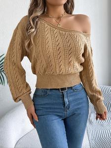 Jersey de cuello asimétrico calado para mujer, jersey elegante de manga raglán para otoño e invierno, ropa de punto de mujer para el día a día
