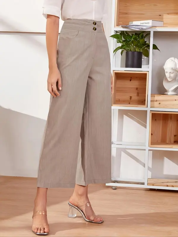 Women's Plain Pocket Button Straight Leg Cropped Pants, Elegant High Waist Wide Leg Trousers for Work Office Business, Ladies Bottoms for All Seasons 3