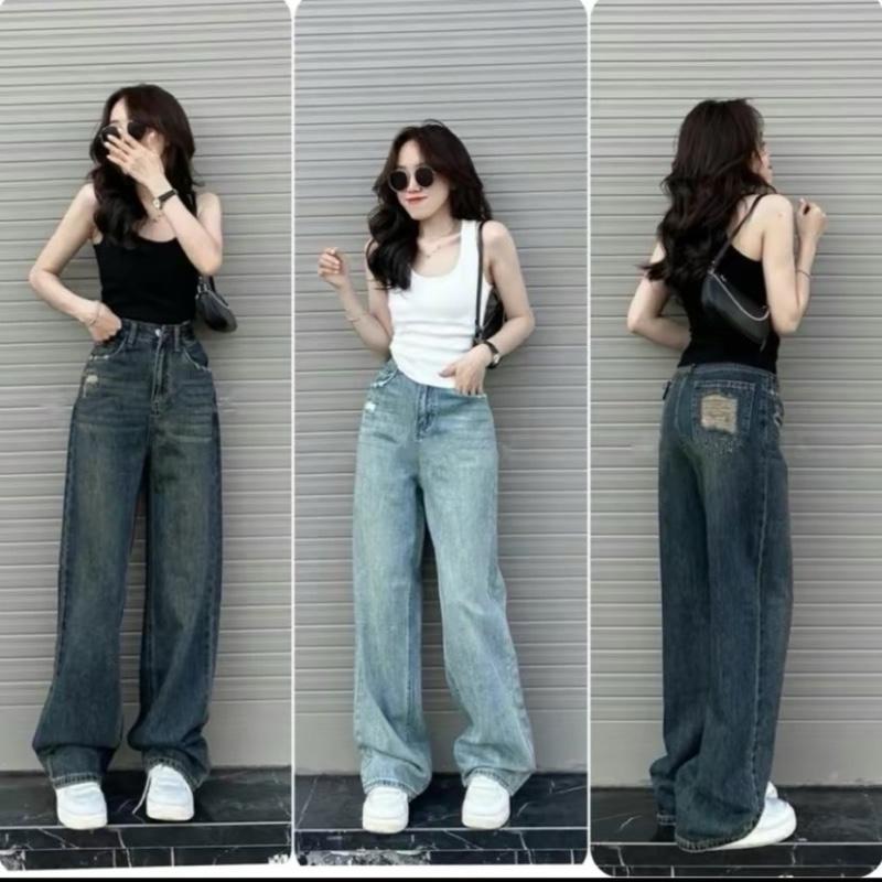 Quần jean suông nữ lưng cao denim không co dãn rách túi sau women pants 2