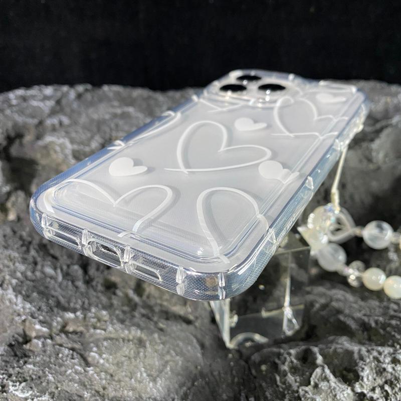 Heart Pattern Clear Phone Case with Beaded Wrist Strap, 1 Count Anti-fall Phone Protective Cover, Phone Accessory for iPhone 11 12 13 14 15 16 Pro Max 7