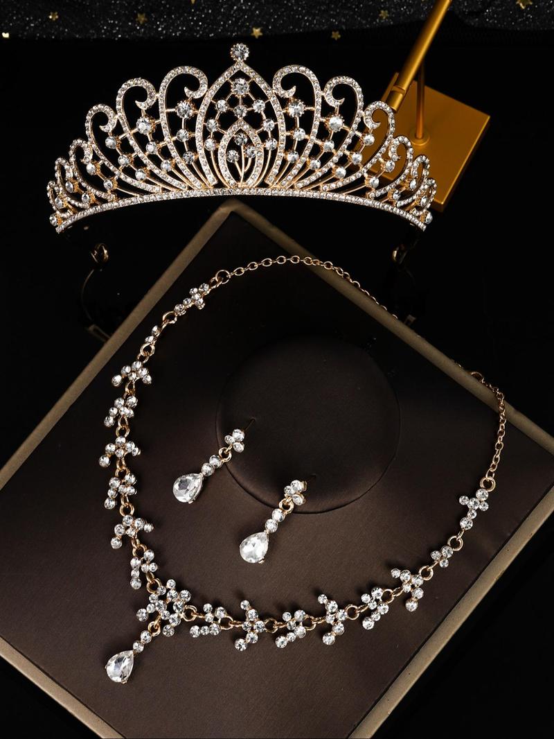 Product Introduction of Elegant Rhinestone Decorated Crown & Necklace & Dangle Earrings, Wedding Bridal Jewelry Set, Fashion Accessories for Party, Daily Clothing Decor 3