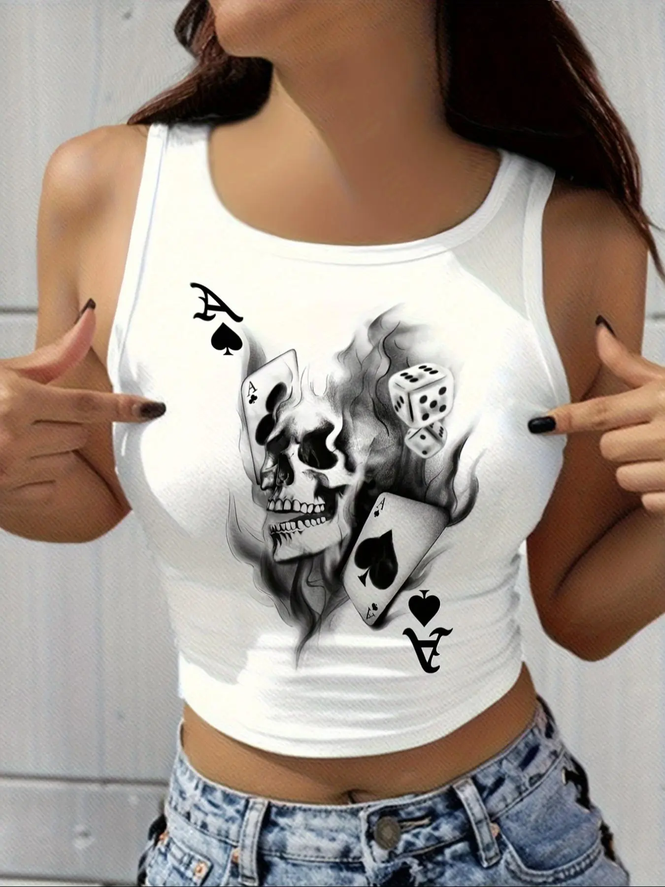 Women's Skull & Playing Card Print Tank Top, Fashion Casual Sleeveless Graphic Top for Daily Wear, Ladies Clothes for Summer