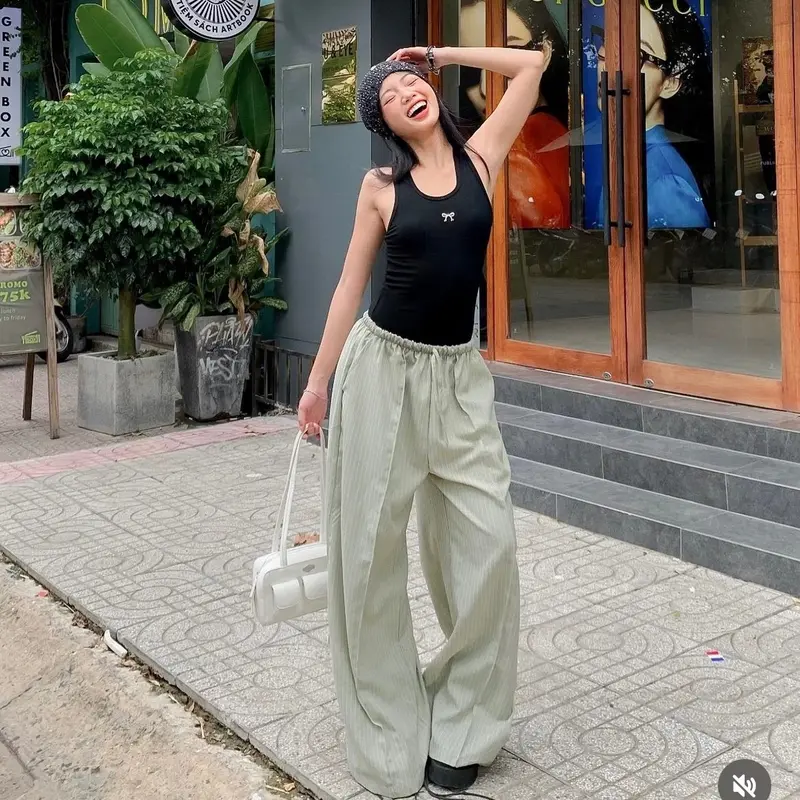 Remmus - Quần dài linen ống rộng kẻ sọc women 6