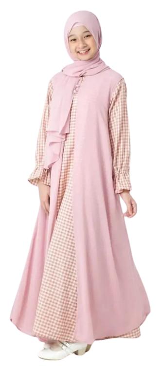 Nibarubusana Baju Gamis Anak Tanggung Perempuan Usia 10 12 13 14 15 16 Tahun Bahan Katun Kotak Mix Ceruty Babydol Plus Fasmina Model  2 layer Menyatu Basana Muslim Anak Lebaran 2024 Dress Remaja Panjang Pink