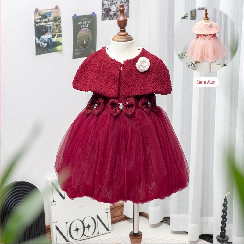 [Mimi Meo - TD272] TĂNG SIZE - Set áo váy Đỏ Mận cho bé gái 9-34kg - Chân bồng bềnh lưới - Áo choàng lửng sành điệu - Có dây cột eo