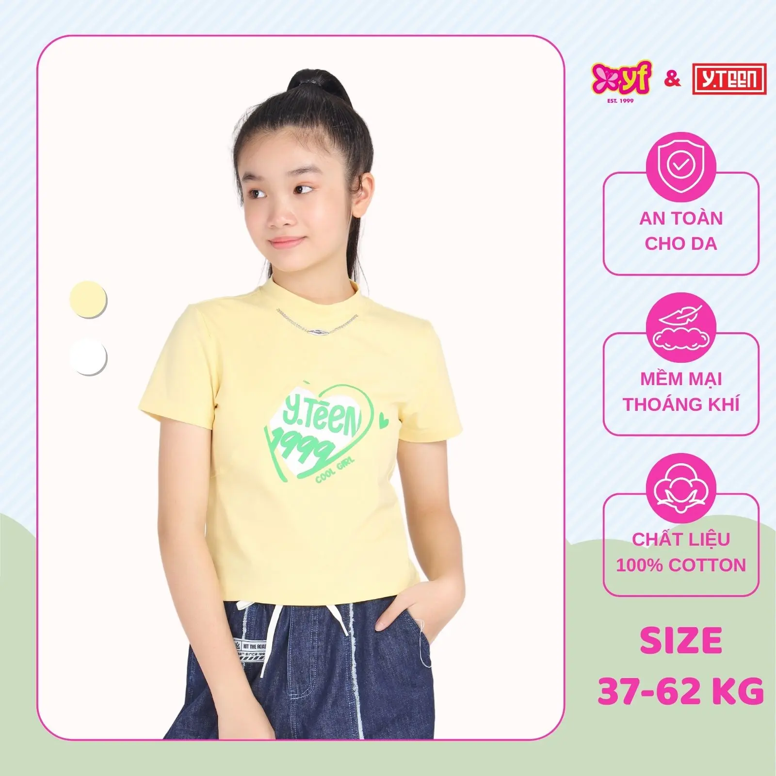 Y.Teen Áo Thun Ngắn Tay Cổ Lọ Sành Điệu Cho Bé Gái Chất Cotton Thoải Mái Hợp Phối Quần Jean EAX063-2