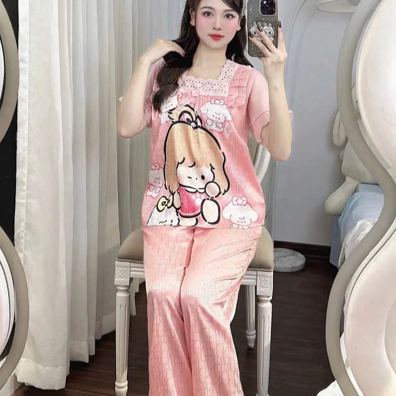pijama lụa xước mềm mịn tiểu thư phối hình dễ thương