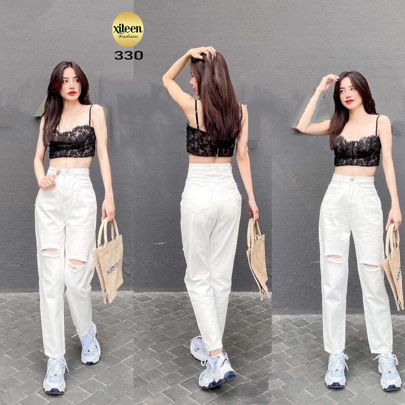 Quần jean nữ cạp cao baggy kaki không co giãn từ 40-55kg màu trắng Rách gối, quần jean rách nữ Mã 330 Xì Teen Women Pants Ong 1