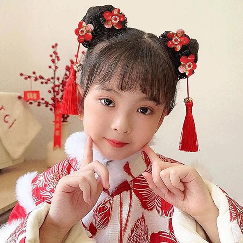 Product Introduction of Tóc Giả Trẻ Em, Phụ Kiện Tóc Scrunchies Bóng Tua Rua, cài tóc Cô Gái Năm, Phong Cách Cổ Trang Mới, C4J1 28