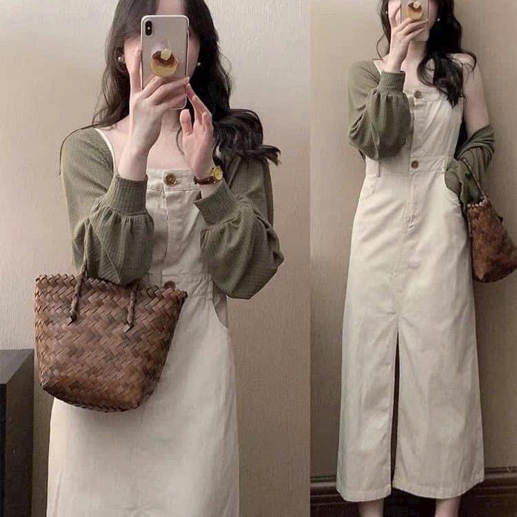 Sét Đầm Kaki 2Dây Phối Áo Khoác Thun Gân Dài Tay Siêu Đẹp Nữ Women Dress Váy 4