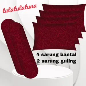 Satu paket isi 6pcs 4 sarung bantal dan 2 sarung guling motif embos maroon bahan katun