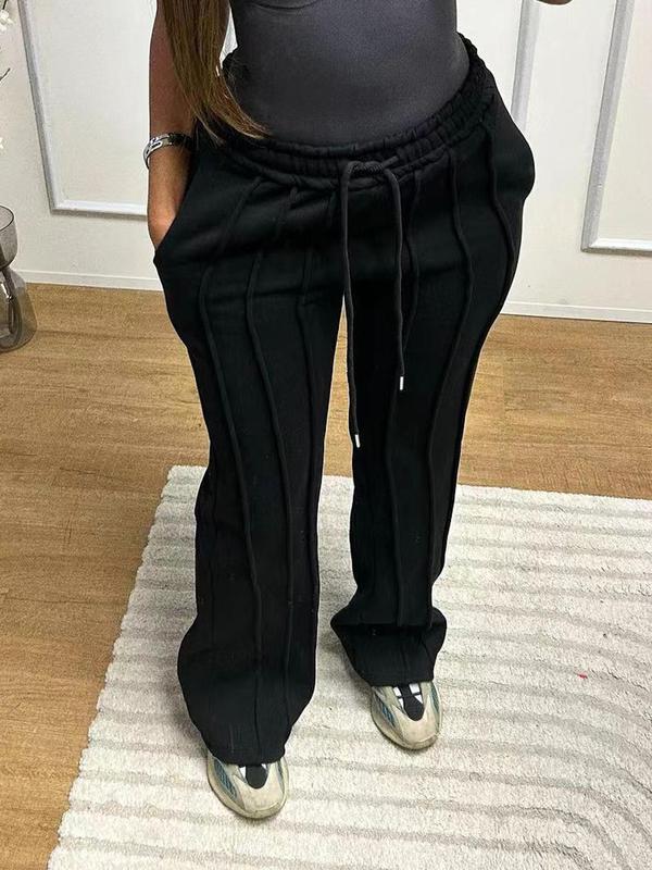 Women's Plain Plicated Drawstring Waist Straight Leg Pants, Casual Comfy Elastic Waist Pocket Trousers for Daily Wear, Vibrant Pants Women, Ladies Bottoms for All Seasons, Trousers for Women, Wide Legged Pants 4
