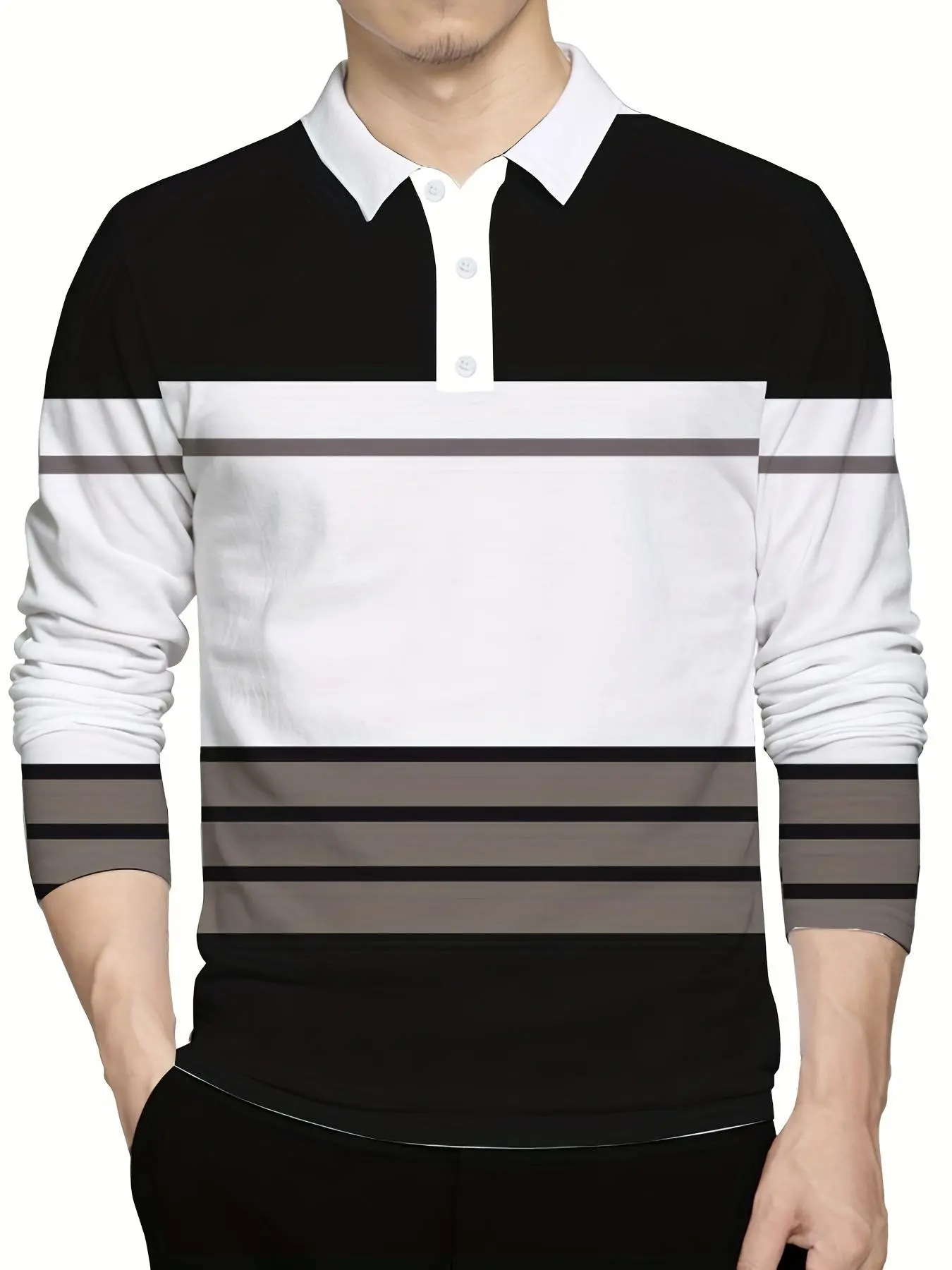 Men's Regular Fit Striped Print Polo Shirt, Casual Long Sleeve Collared Top for Spring & Fall, Fashion Men's Clothes for Daily Wear