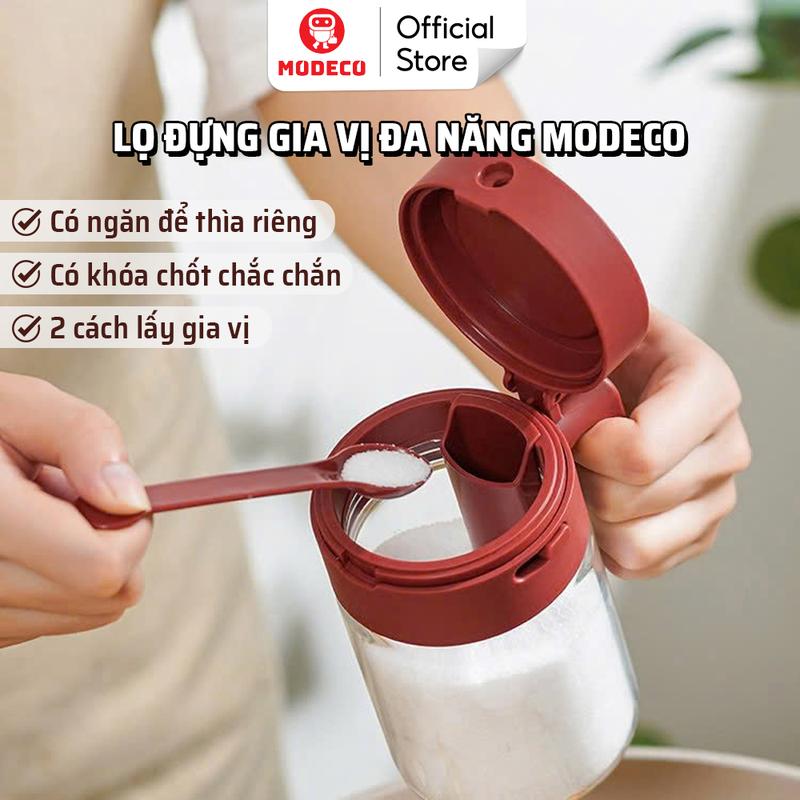 Lọ Đựng Gia Vị Thuỷ Tinh Boro Chống Vỡ Cao Cấp Modeco - Hộp Đựng Gia Vị Có Thìa Để Ngăn Riêng Chống Ẩm Nắp Kín Có Khóa