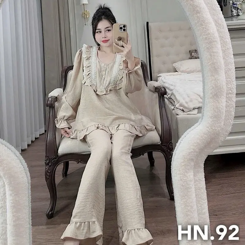 Set Bộ Ngủ Nữ Tiểu Thư Phối Ren Tầng Bèo, Bộ Đồ Dáng BabyDoll Đũi Trơn Nhiều Màu lựa chọn Chất Mềm - D01 Women