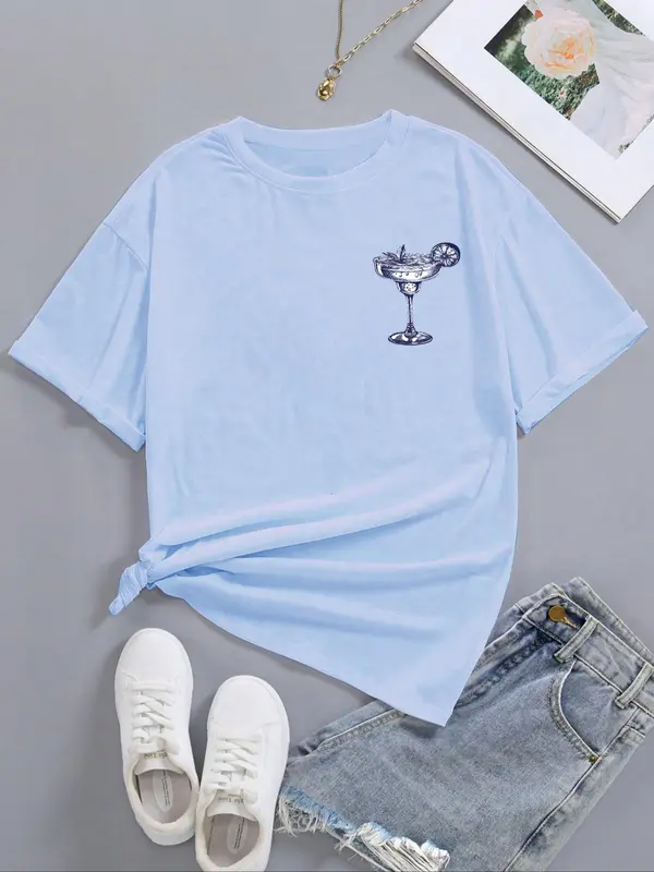 Women's Letter Beverage Graphic Round Neck Graphic Tees, Plus Size Clothes Uk, Fashion Casual Drop Shoulder Short Sleeve T-shirt for Summer Beach Party, Vintage Graphic Tees, Tops for Women, T Shirts for Women, Tops That Hide Stomach, Womenswear 7