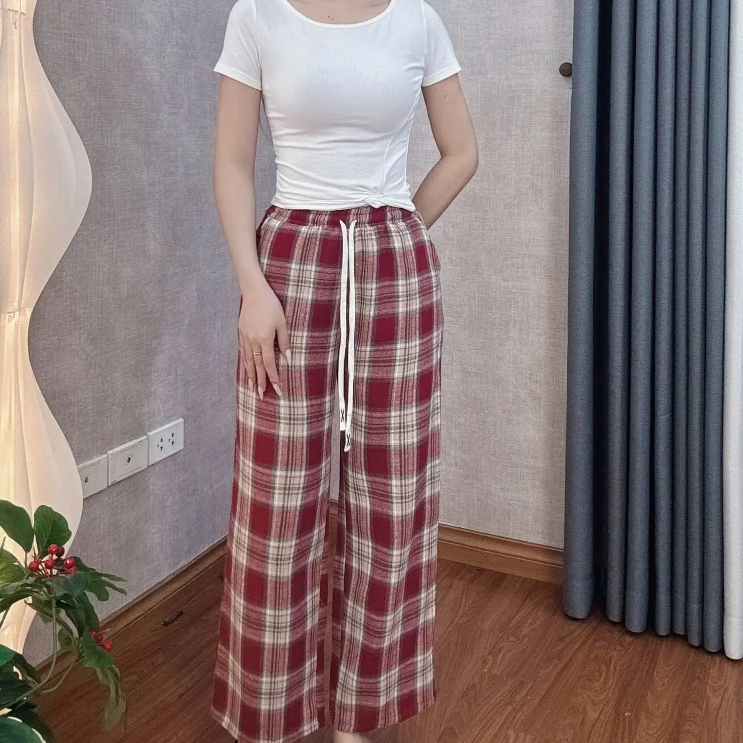 Quần nữ dài dáng xuông thô cotton màu nâu Q3 - Women