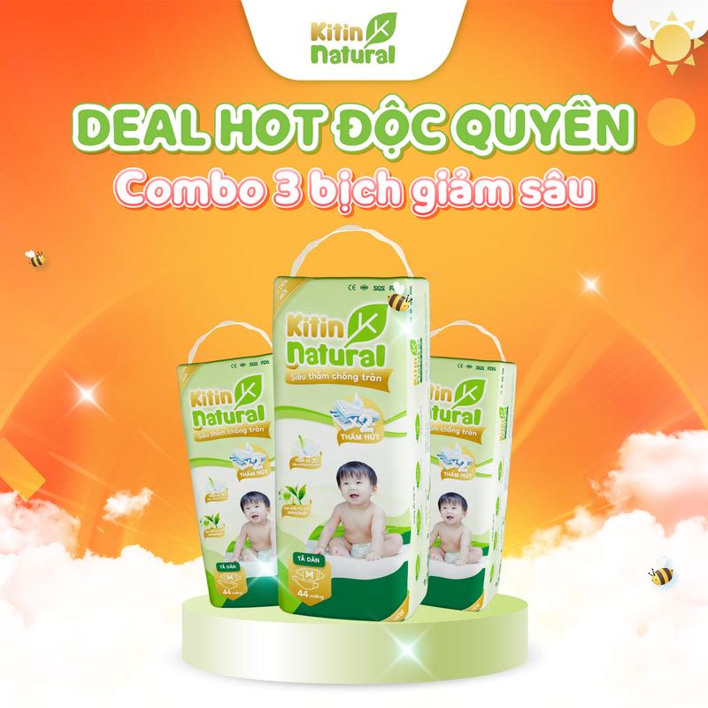 [TẶNG QUÀ MỚI] Combo 3 bịch bỉm Kitin Natural mỏng thoáng, chống hăm bí, bé thoải mái đóng ngày đêm