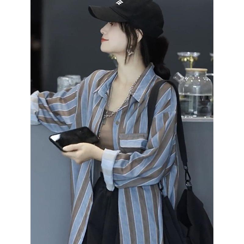 Áo Sơ Mi Sọc Cho Nữ, Dài Tay, Phong Cách Hàn Quốc, Cổ Polo Khối Màu, Thường Ngày Và Dễ Phối Đồ, Mỏng, Chống Nắng, Áo Sơ Mi Áo, Xếp Hạng Tích Cực 99%, Cùng Phong Cách 3