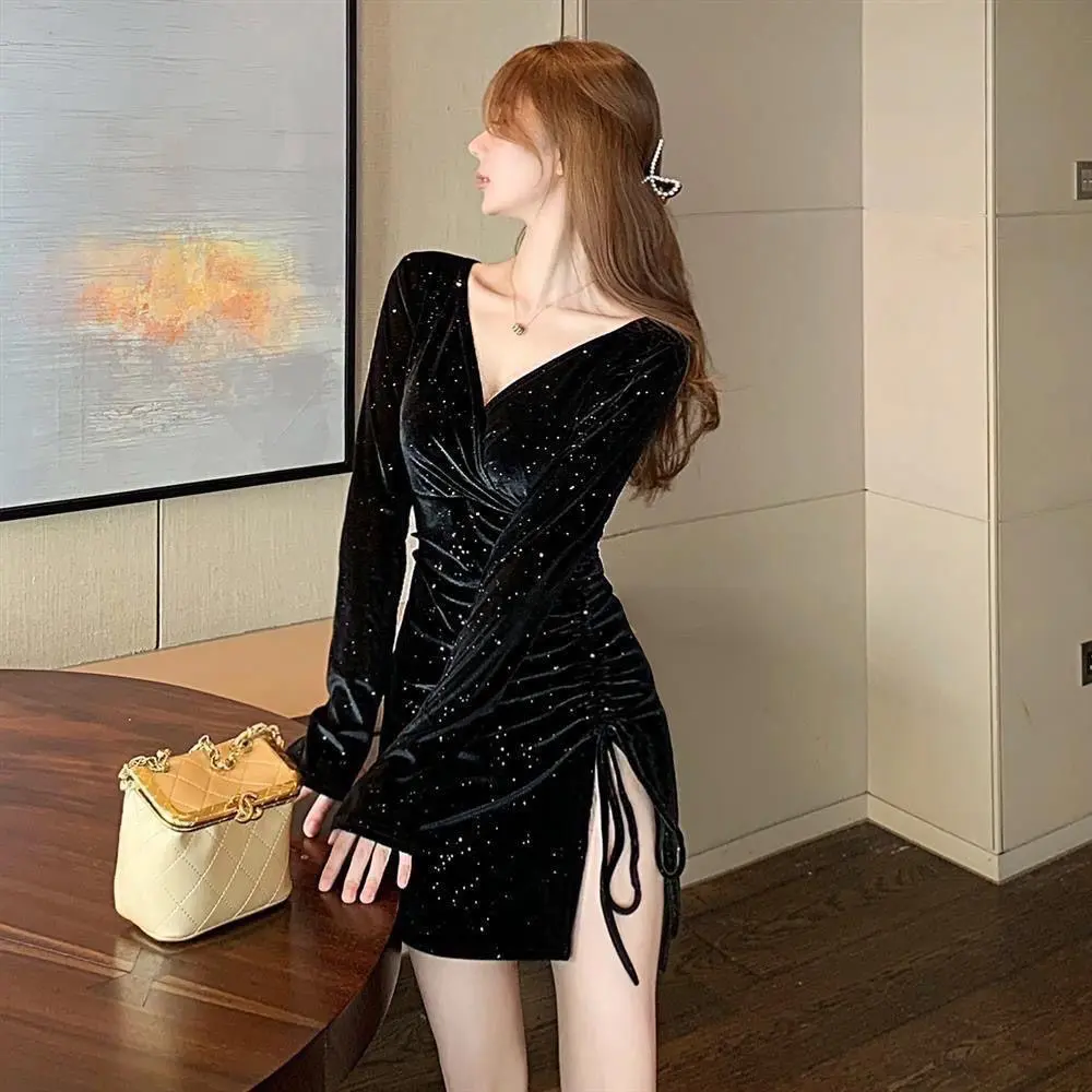 MD14/195 Korean velvet mini dress bodycon v neck blink2 long sleeve / gaun pendek beludru lengan panjang model serut slim fit / sexy dress Casual Melar Mewah Wanita Simple