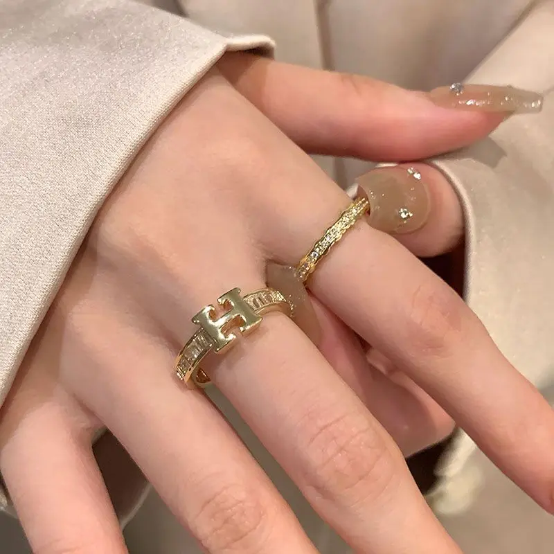 High-Grade Letter H Zircon Ring Female Special-Interest Design Stylish Opening Ring Retro Personality Gold Index Finger Ring