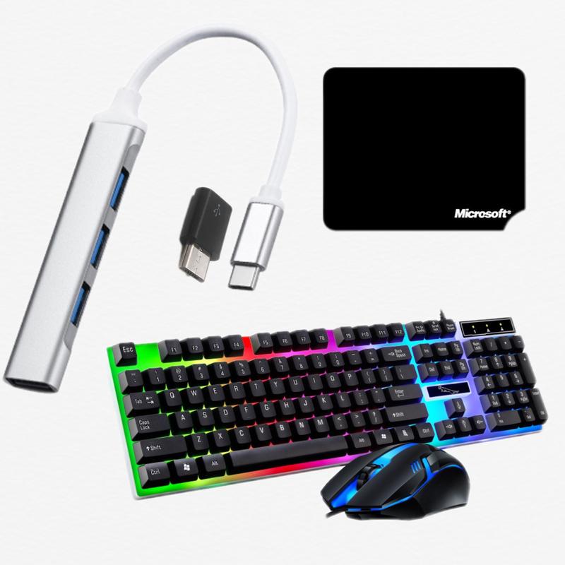 COMBO HUB OTG 3.0 + Bàn Phím Chuột LED Gaming Kết Nối Cho Điện Thoại Android Máy Tính Laptop Cổng TypeC và Micro USB Chơi Game Mobile Android