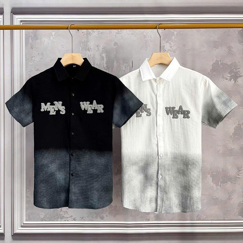 Áo sơ mi nam tay ngắn vải đũi loang màu in chữ nổi mặt thoáng mát Menswear Top