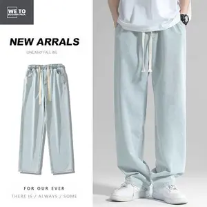 Jeans pria panjang celana jeans karet pria Biru Muda Longgar celana kulot denim celana jeans cowok jumbo M-3XL Low Waist Straight Oversize Polos Loose Santai high hitam Baggy Cotton Casual Plain