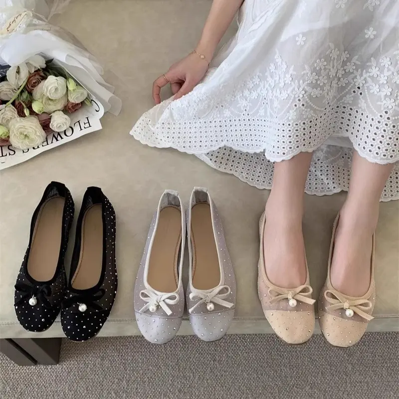Giày Lưới Phẳng, Phong Cách Thanh Lịch, Cắt Nông, Nhẹ, Dành Cho Nữ, Có Thể Đeo Ngoài Trời, Bộ Sưu Tập Xuân Hè Mới 2025, Giày Lười Đế Mềm, Thiết Kế Thắt Nơ Dễ Phối Đồ 0