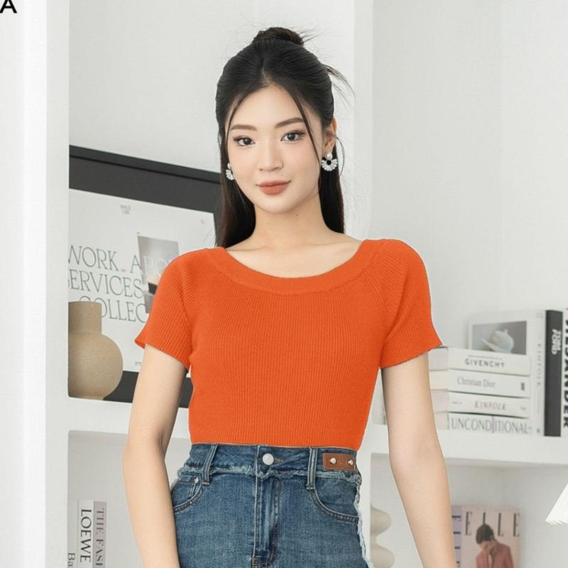FIONA Áo len nữ chất Viscose dáng ôm cổ thuyền tay ngắn C513060 Top Women